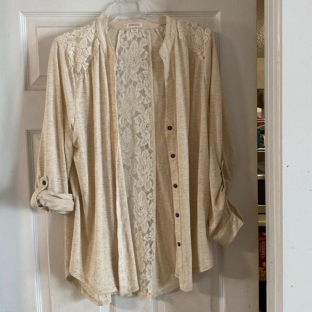 LIKE NEW Oatmeal Color Cardigan with Lace Detail